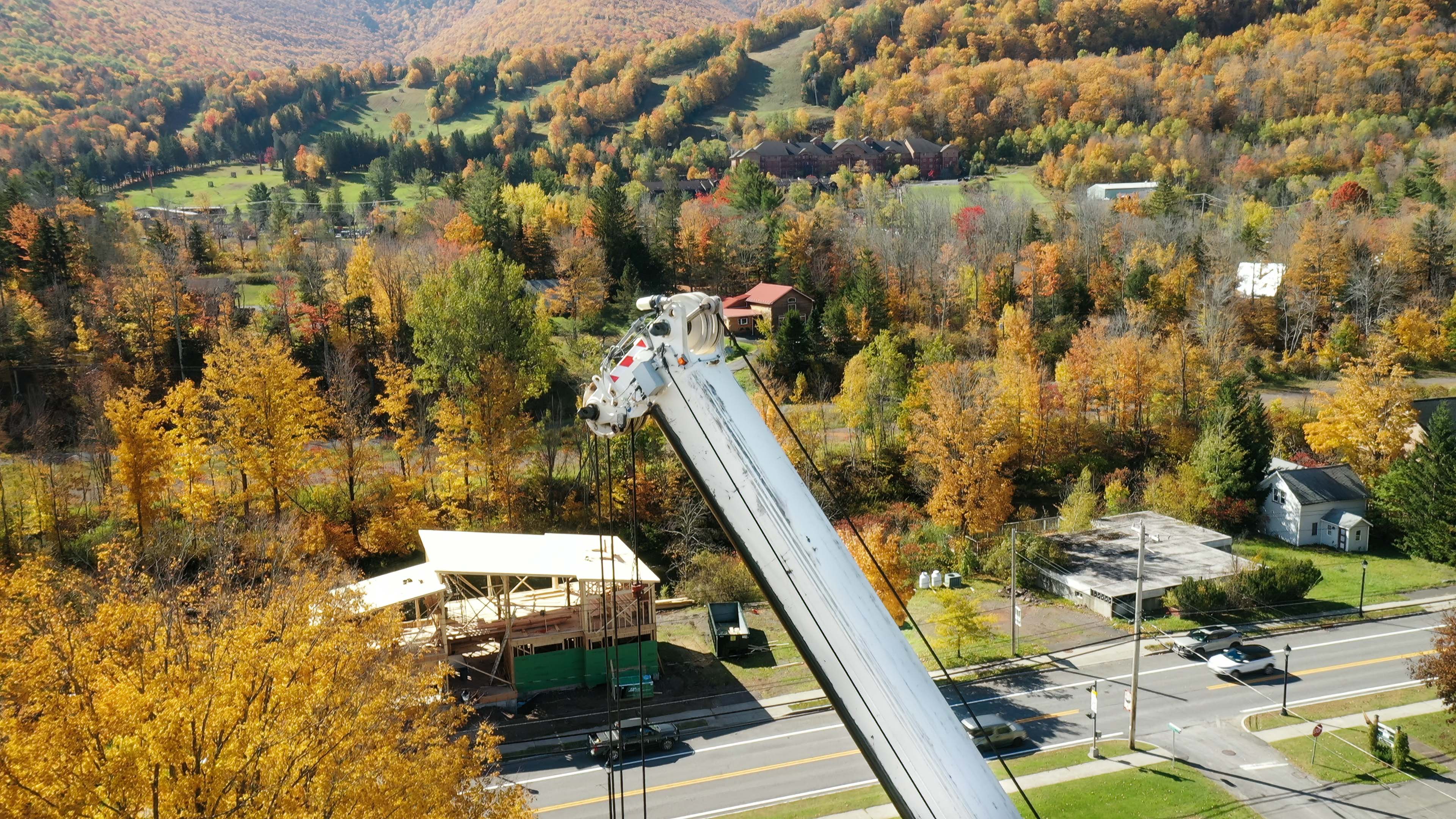Documenting Crane Work in the Catskills UAv view of construction work with cran in the Catskills